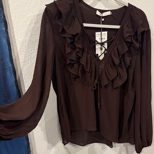 Mustard Seed Deep Brown Ruffle Blouse